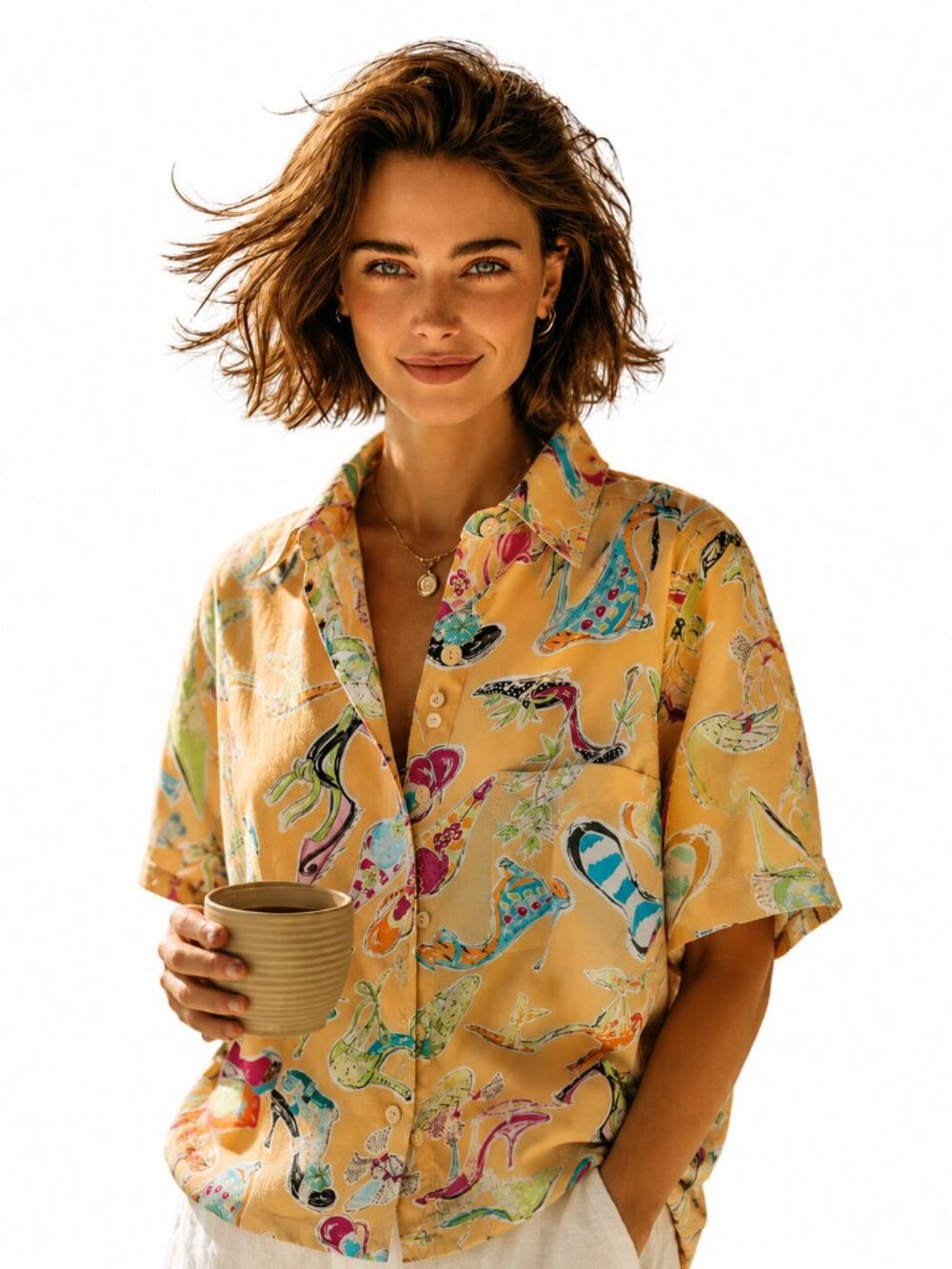 Silk, Whimsical printed shirt, for shoe lovers